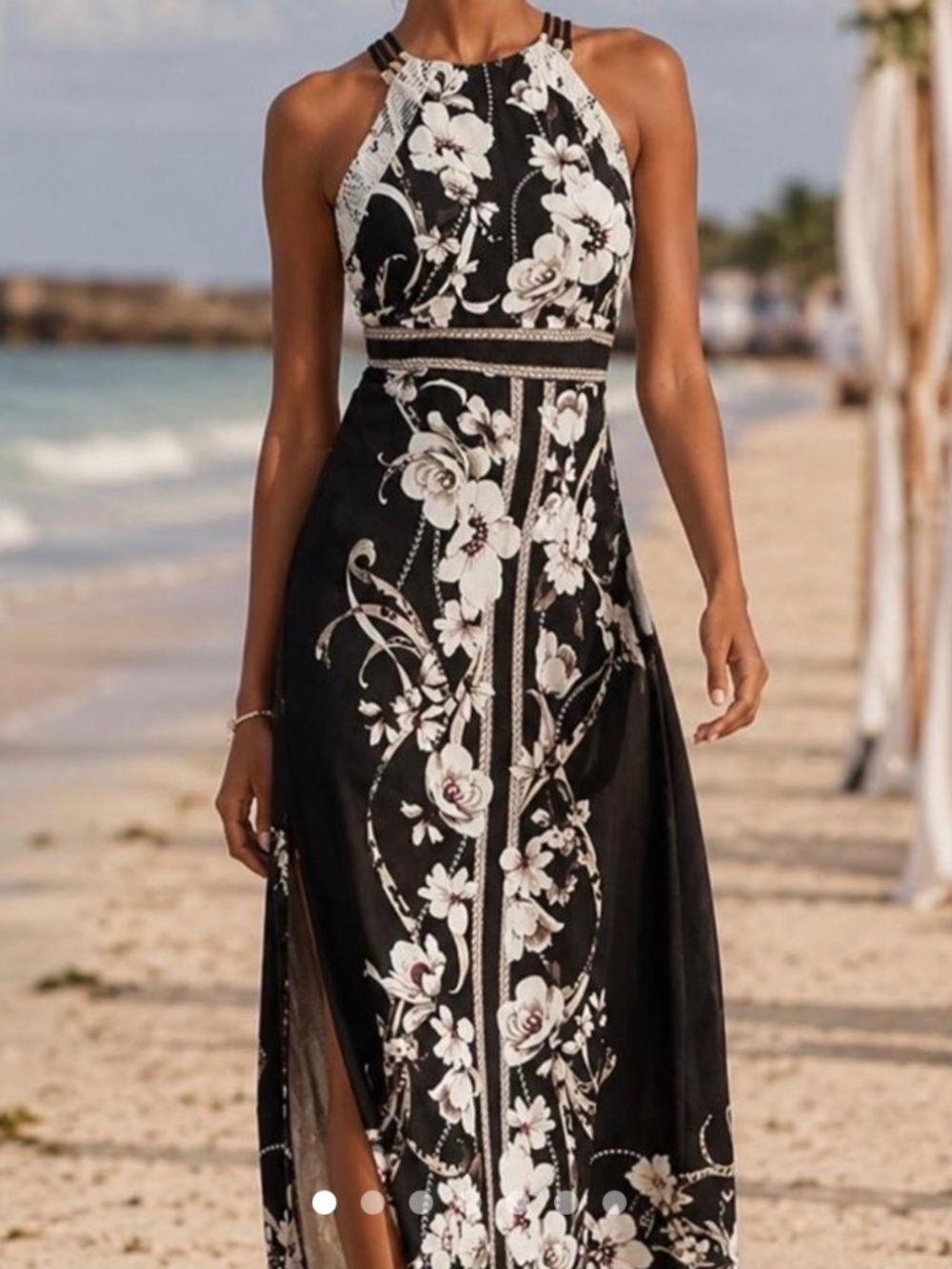 White House Black Market Black Floral Halter Open Back Maxi Dress Size M